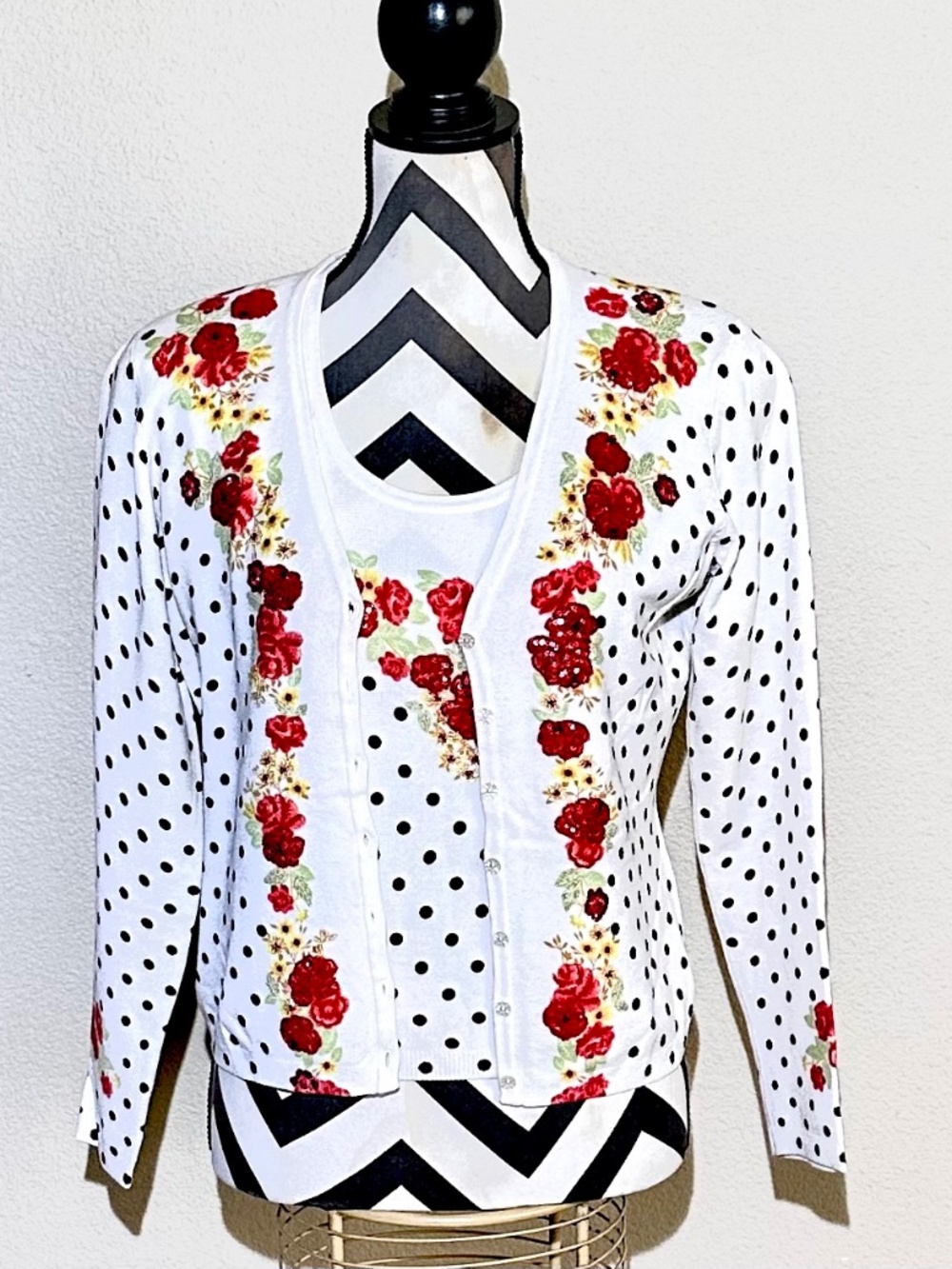 Carlisle Top and Cardigan Set Floral Beaded Polka Dot Size M